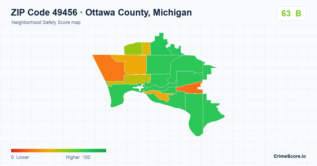 ZIP Code 49456 in Ottawa County, Michigan neighborhood Safety Score map