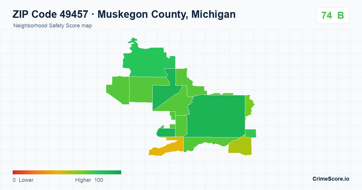 ZIP Code 49457 in Muskegon County, Michigan neighborhood Safety Score map
