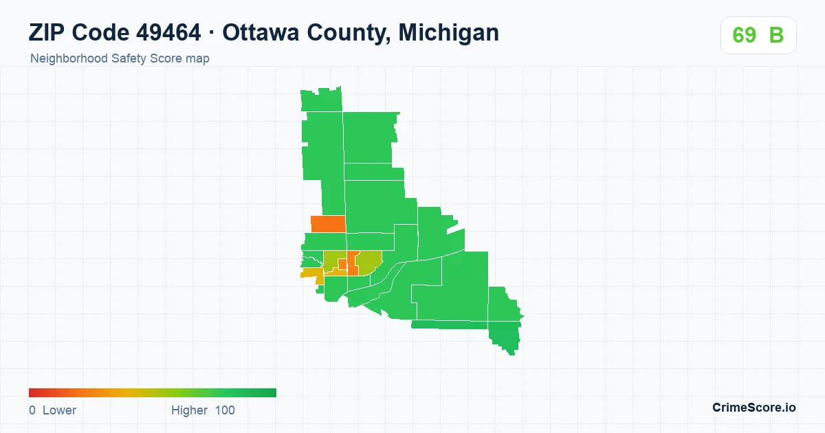 ZIP Code 49464 in Ottawa County, Michigan neighborhood Safety Score map