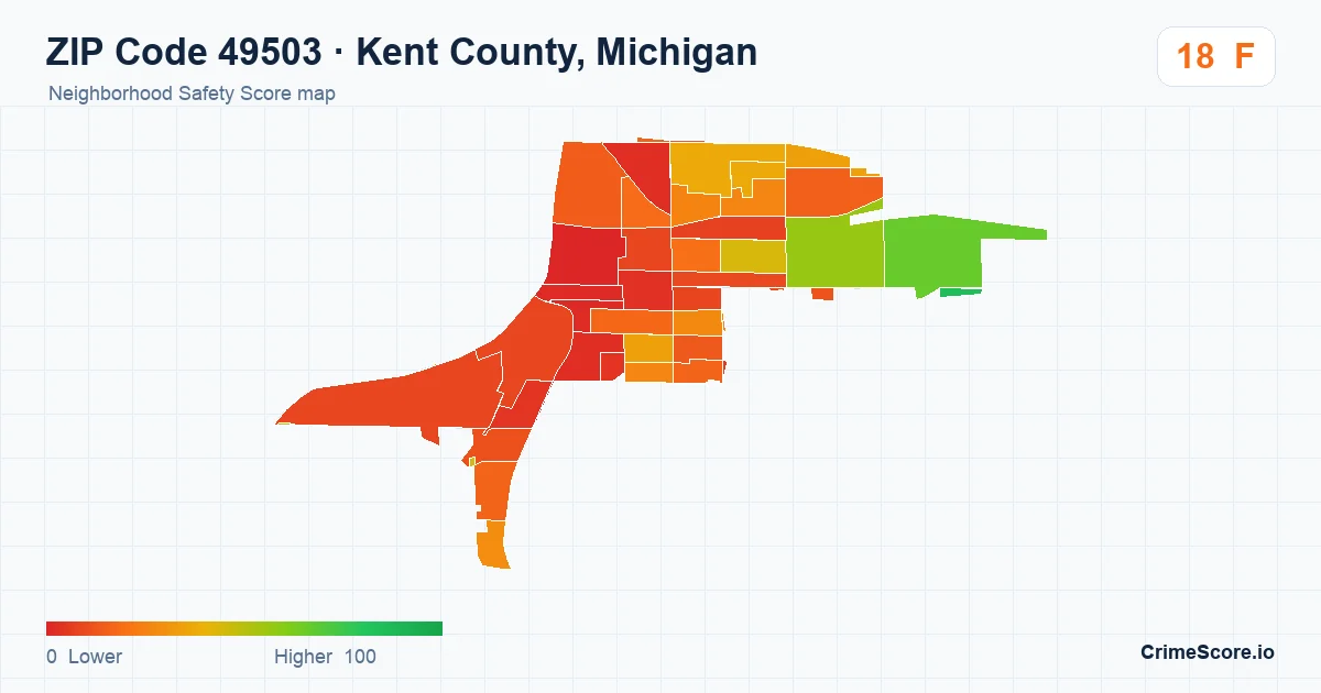 ZIP Code 49503 in Kent County, Michigan neighborhood Safety Score map