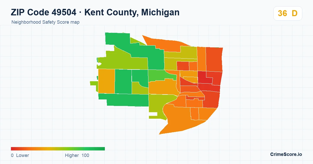 ZIP Code 49504 in Kent County, Michigan neighborhood Safety Score map
