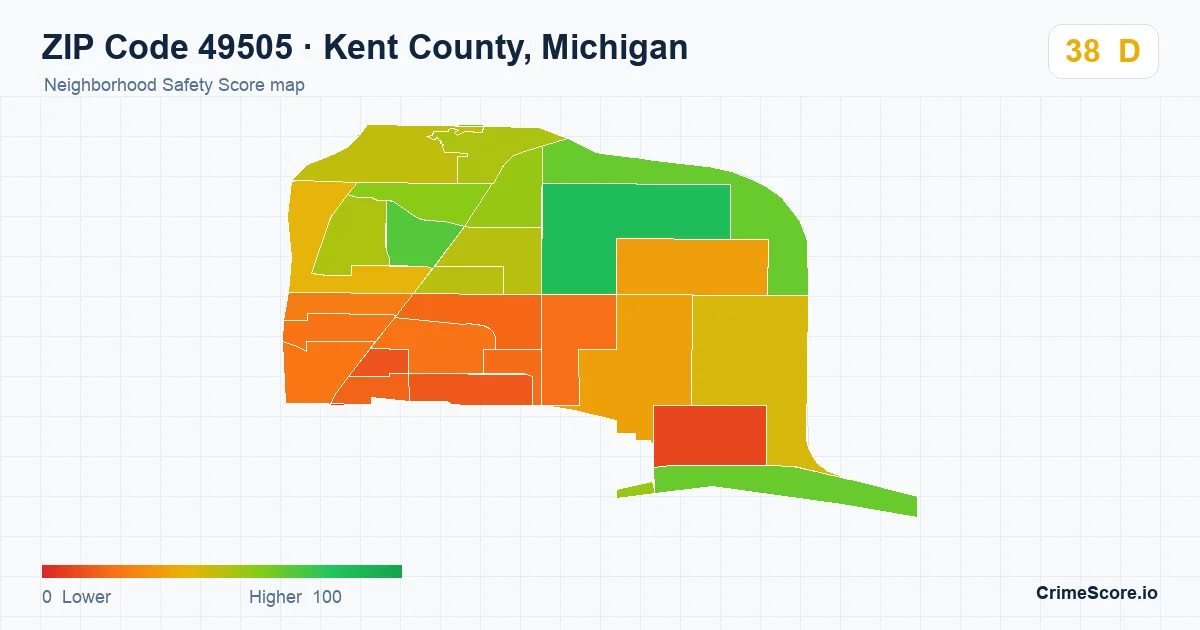 ZIP Code 49505 in Kent County, Michigan neighborhood Safety Score map