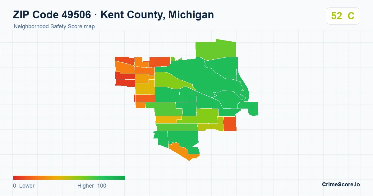 ZIP Code 49506 in Kent County, Michigan neighborhood Safety Score map