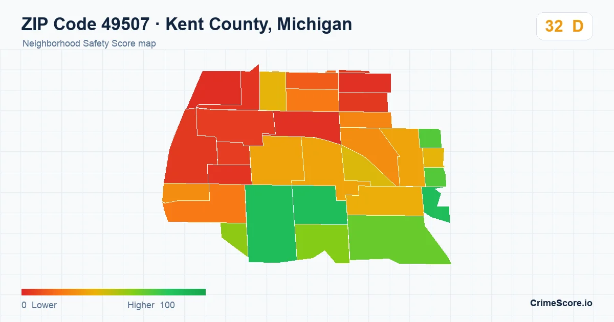 ZIP Code 49507 in Kent County, Michigan neighborhood Safety Score map