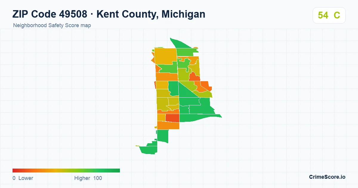 ZIP Code 49508 in Kent County, Michigan neighborhood Safety Score map