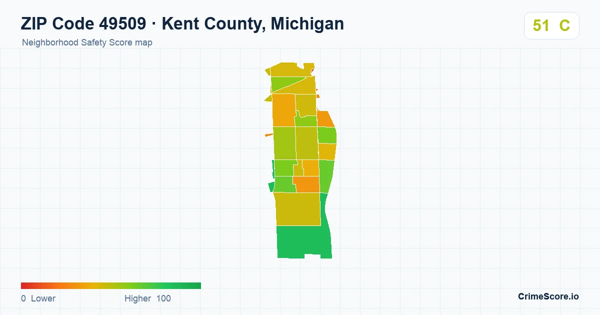 ZIP Code 49509 in Kent County, Michigan neighborhood Safety Score map