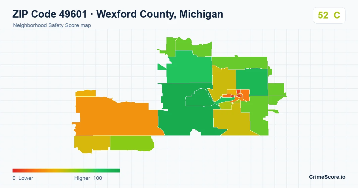 ZIP Code 49601 in Wexford County, Michigan neighborhood Safety Score map