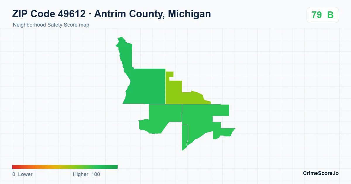 ZIP Code 49612 in Antrim County, Michigan neighborhood Safety Score map