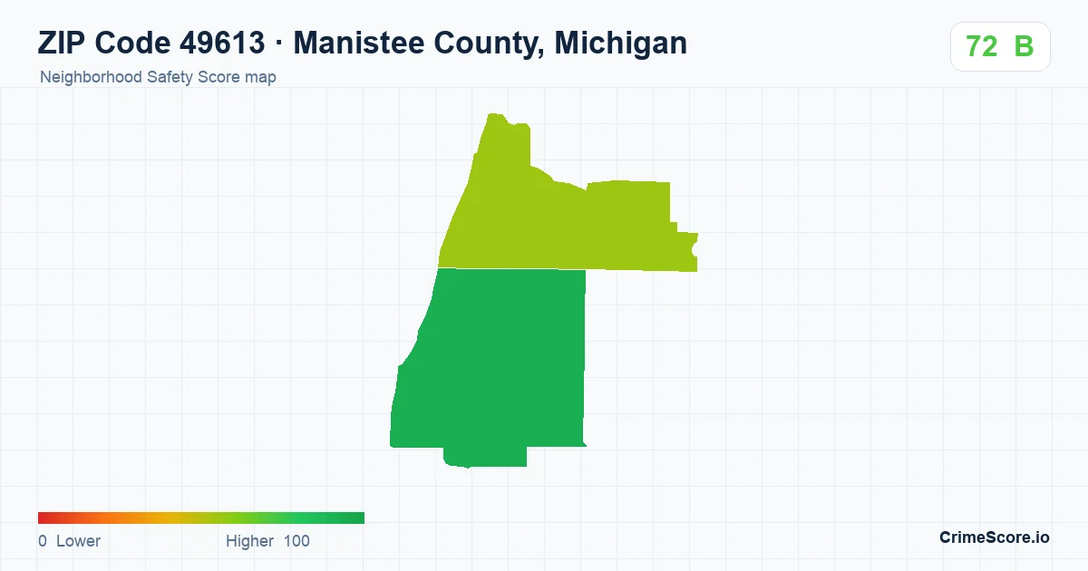 ZIP Code 49613 in Manistee County, Michigan neighborhood Safety Score map