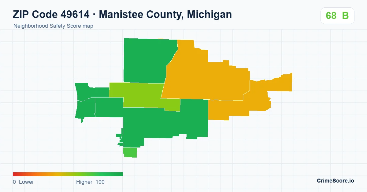 ZIP Code 49614 in Manistee County, Michigan neighborhood Safety Score map