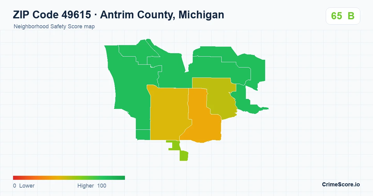 ZIP Code 49615 in Antrim County, Michigan neighborhood Safety Score map