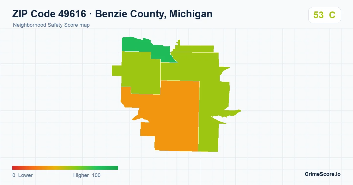 ZIP Code 49616 in Benzie County, Michigan neighborhood Safety Score map