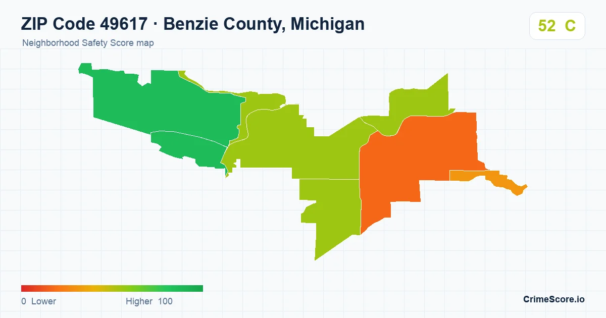 ZIP Code 49617 in Benzie County, Michigan neighborhood Safety Score map