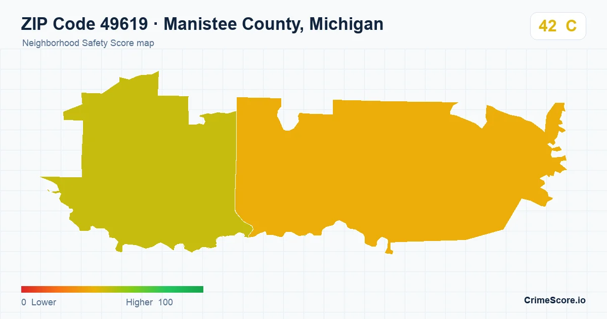 ZIP Code 49619 in Manistee County, Michigan neighborhood Safety Score map