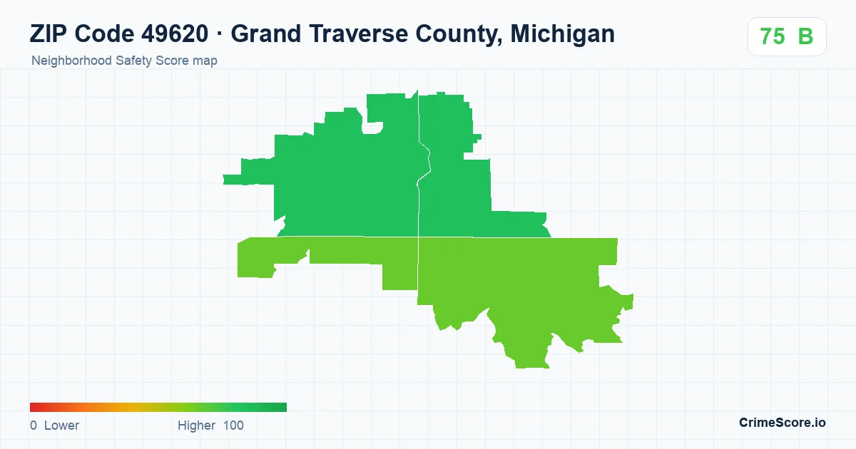 ZIP Code 49620 in Grand Traverse County, Michigan neighborhood Safety Score map