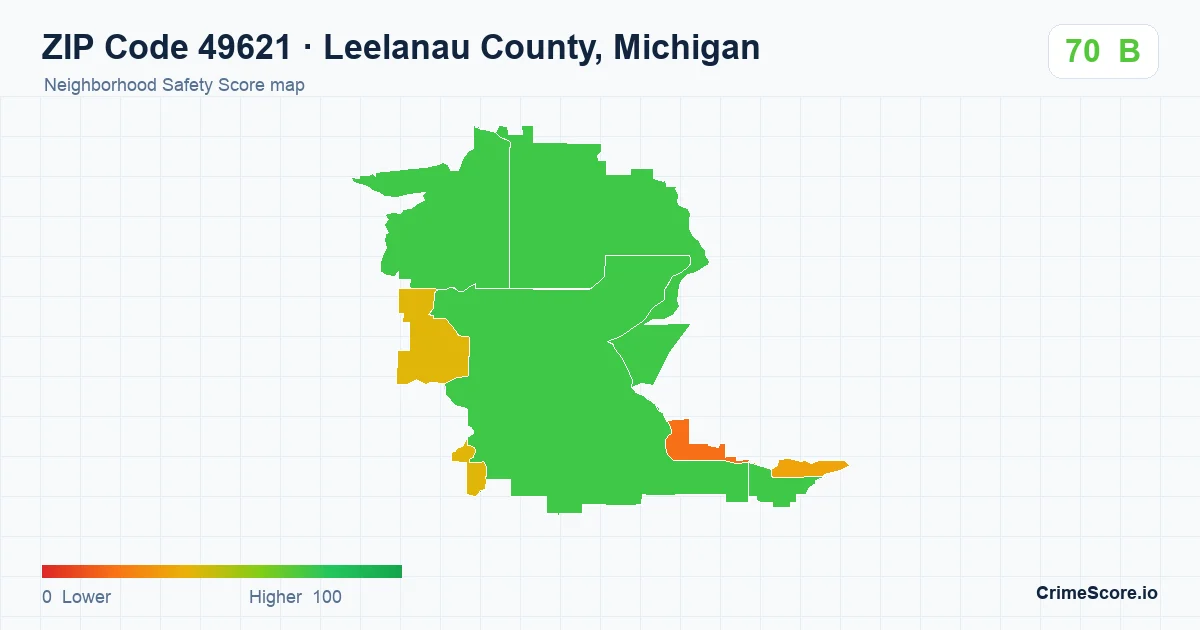 ZIP Code 49621 in Leelanau County, Michigan neighborhood Safety Score map