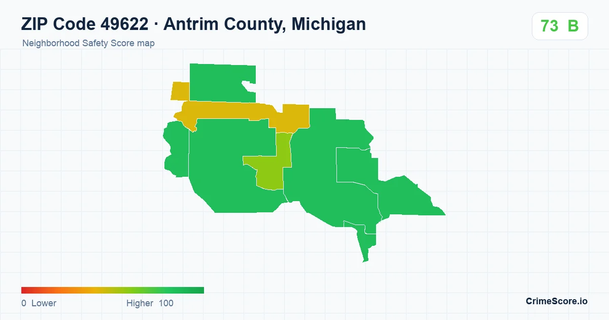 ZIP Code 49622 in Antrim County, Michigan neighborhood Safety Score map