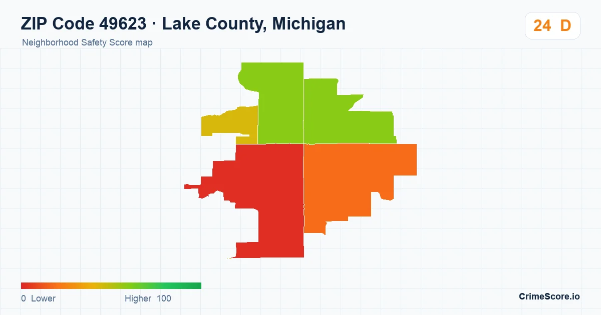 ZIP Code 49623 in Lake County, Michigan neighborhood Safety Score map
