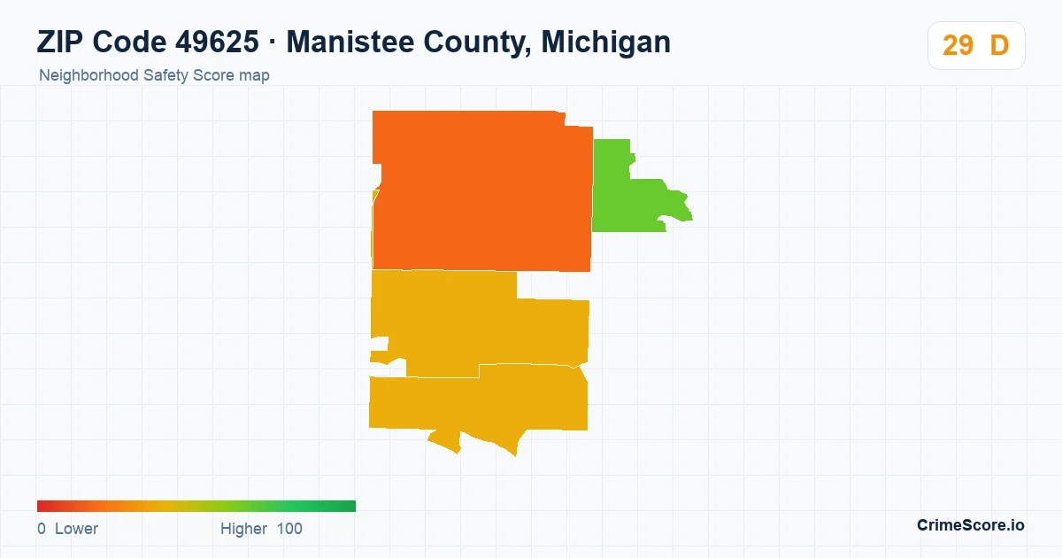 ZIP Code 49625 in Manistee County, Michigan neighborhood Safety Score map
