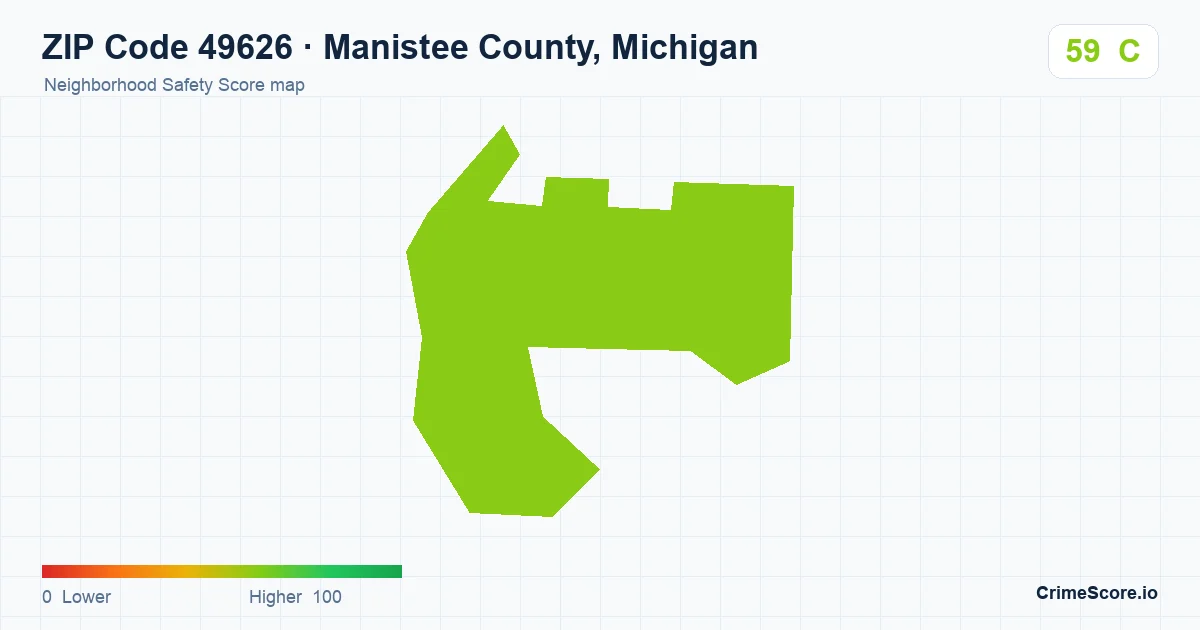 ZIP Code 49626 in Manistee County, Michigan neighborhood Safety Score map