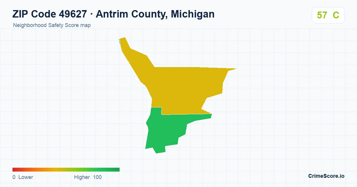 ZIP Code 49627 in Antrim County, Michigan neighborhood Safety Score map