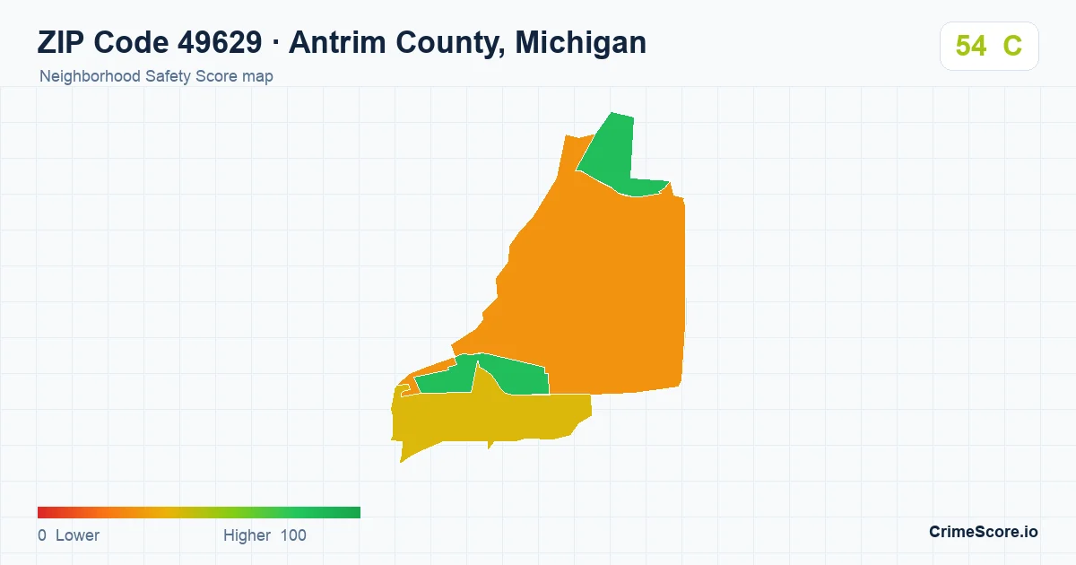 ZIP Code 49629 in Antrim County, Michigan neighborhood Safety Score map