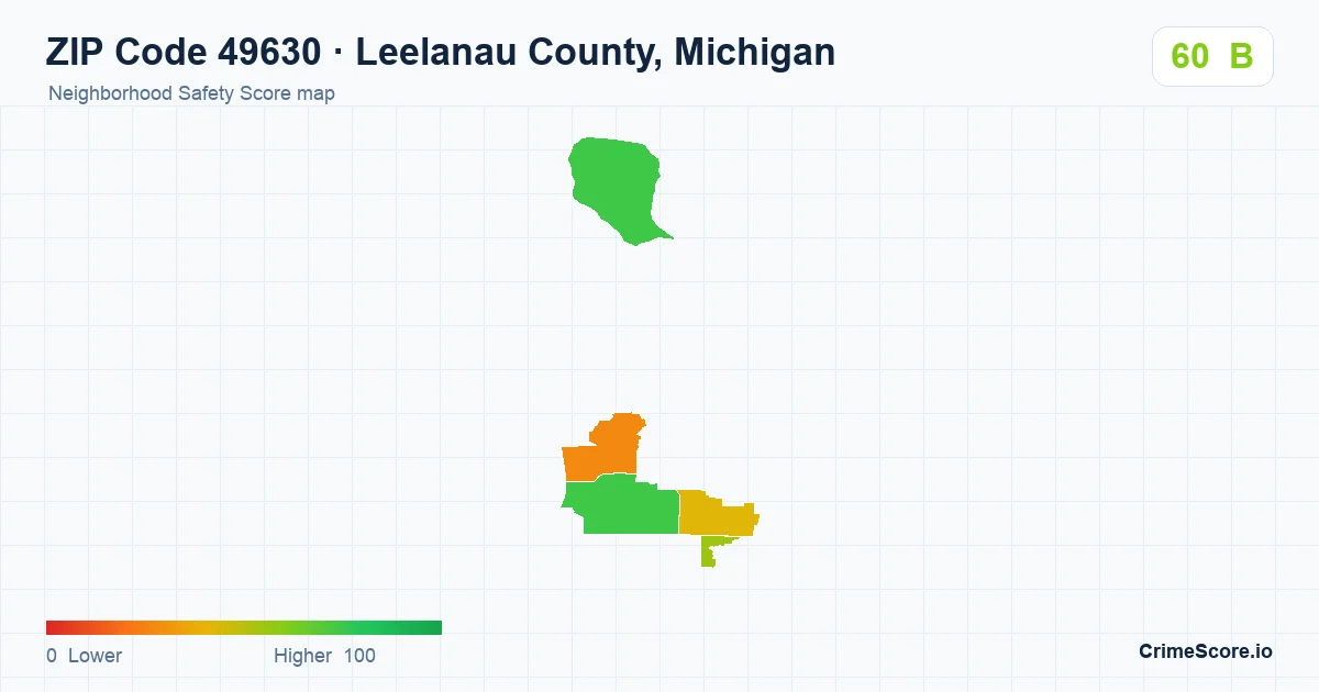 ZIP Code 49630 in Leelanau County, Michigan neighborhood Safety Score map