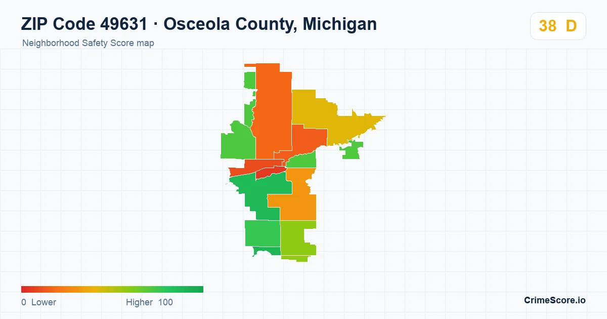 ZIP Code 49631 in Osceola County, Michigan neighborhood Safety Score map