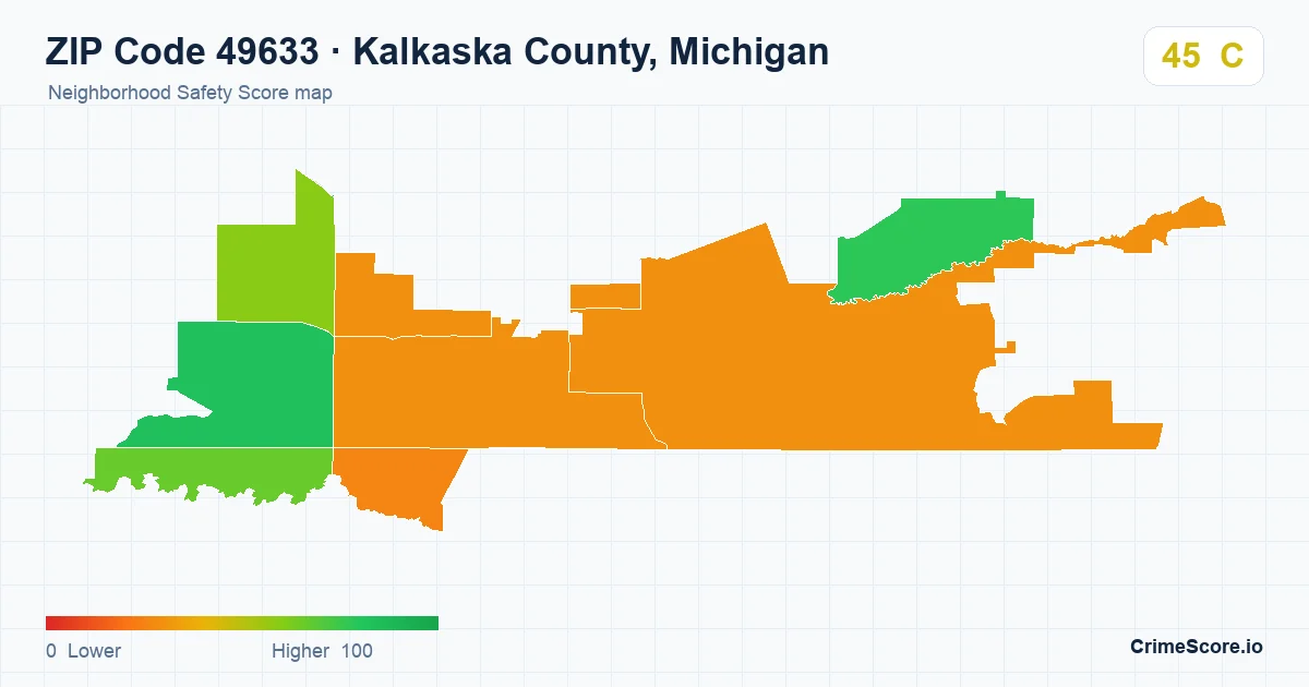 ZIP Code 49633 in Kalkaska County, Michigan neighborhood Safety Score map