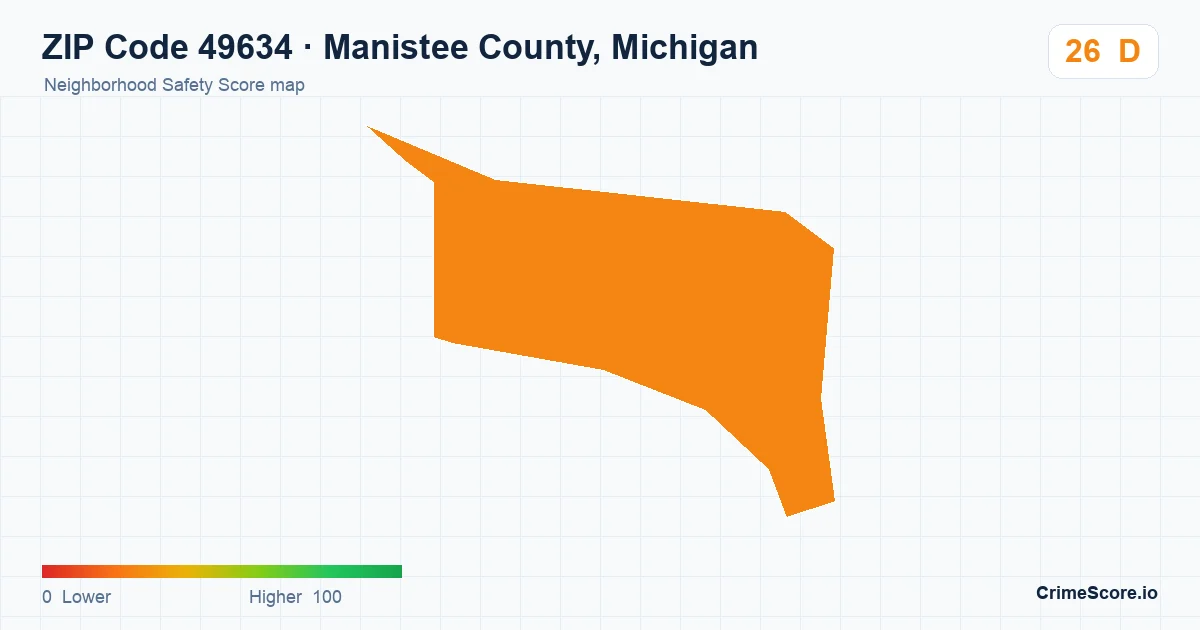 ZIP Code 49634 in Manistee County, Michigan neighborhood Safety Score map