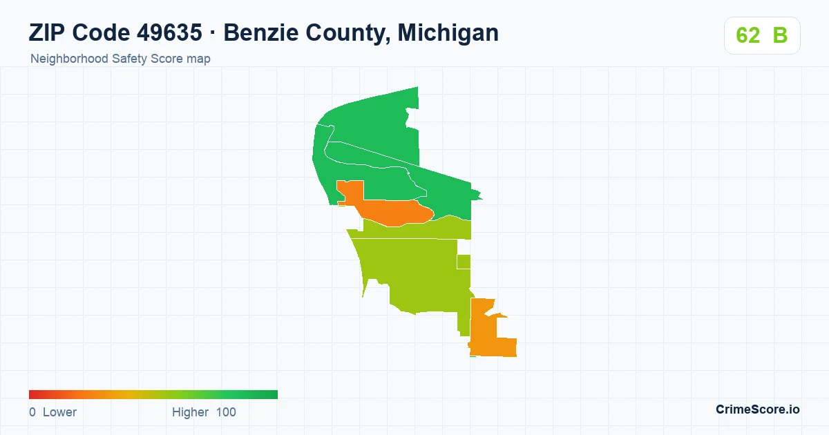 ZIP Code 49635 in Benzie County, Michigan neighborhood Safety Score map
