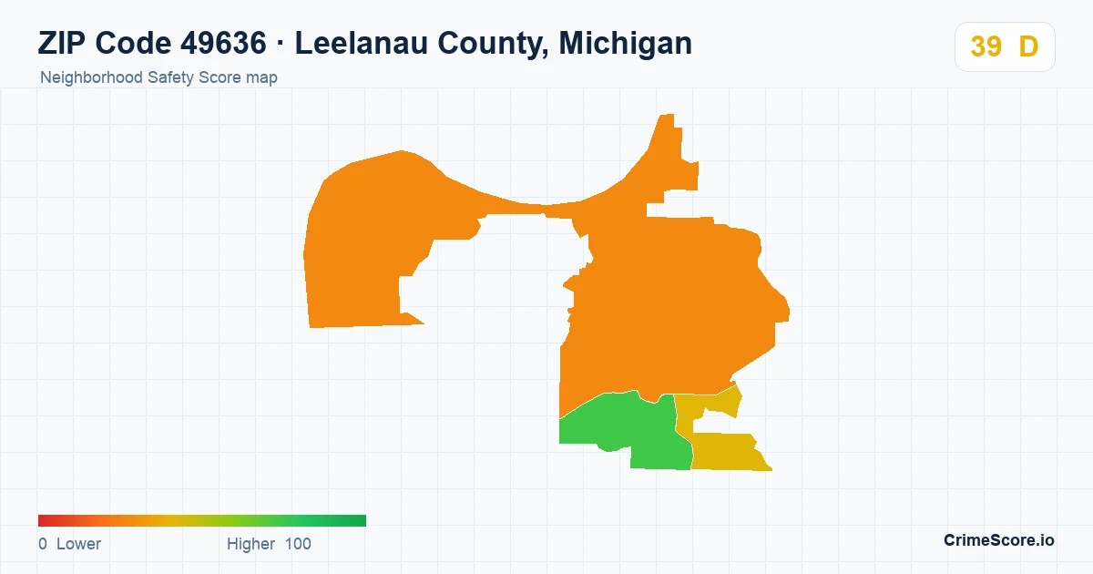 ZIP Code 49636 in Leelanau County, Michigan neighborhood Safety Score map
