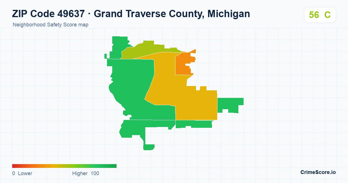 ZIP Code 49637 in Grand Traverse County, Michigan neighborhood Safety Score map