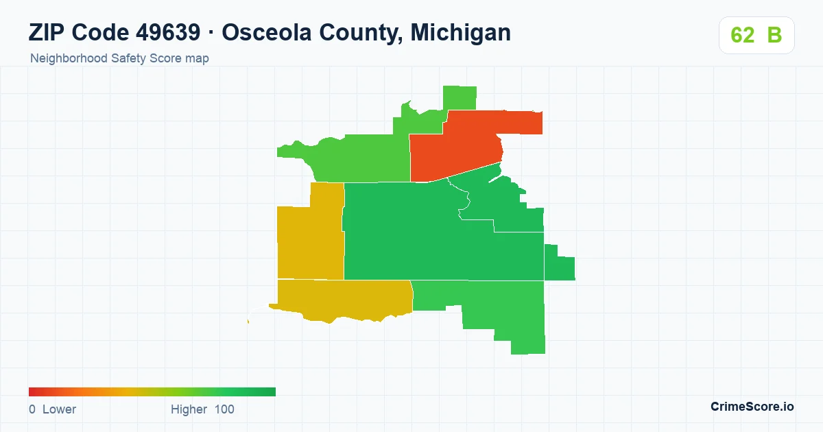 ZIP Code 49639 in Osceola County, Michigan neighborhood Safety Score map
