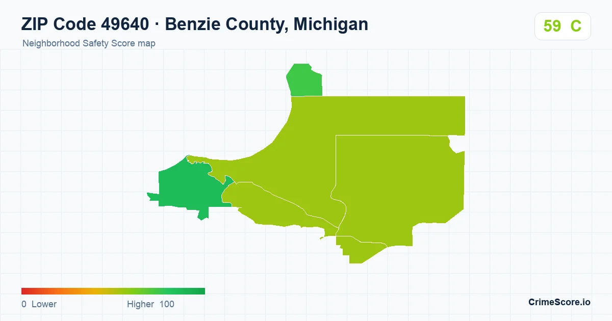 ZIP Code 49640 in Benzie County, Michigan neighborhood Safety Score map