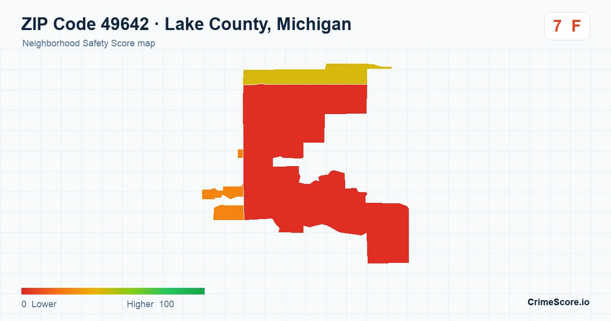 ZIP Code 49642 in Lake County, Michigan neighborhood Safety Score map