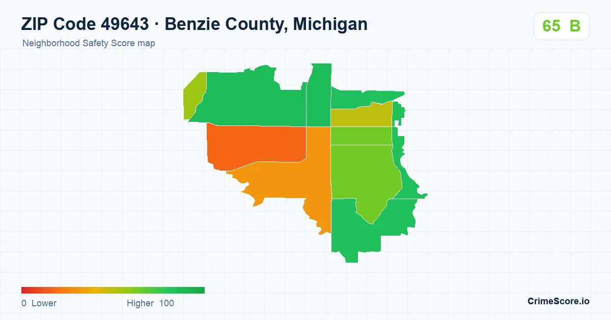 ZIP Code 49643 in Benzie County, Michigan neighborhood Safety Score map