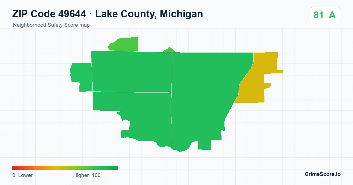 ZIP Code 49644 in Lake County, Michigan neighborhood Safety Score map
