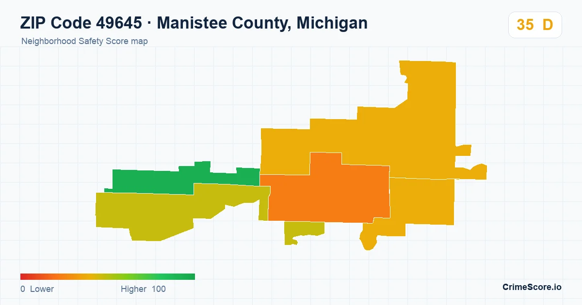 ZIP Code 49645 in Manistee County, Michigan neighborhood Safety Score map