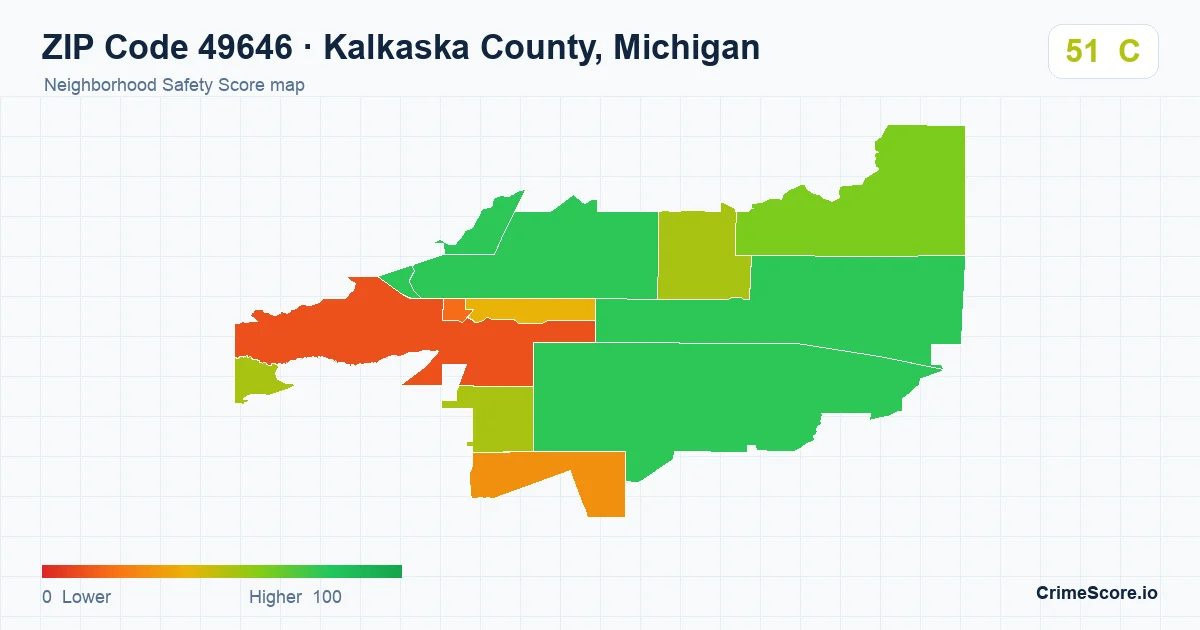 ZIP Code 49646 in Kalkaska County, Michigan neighborhood Safety Score map