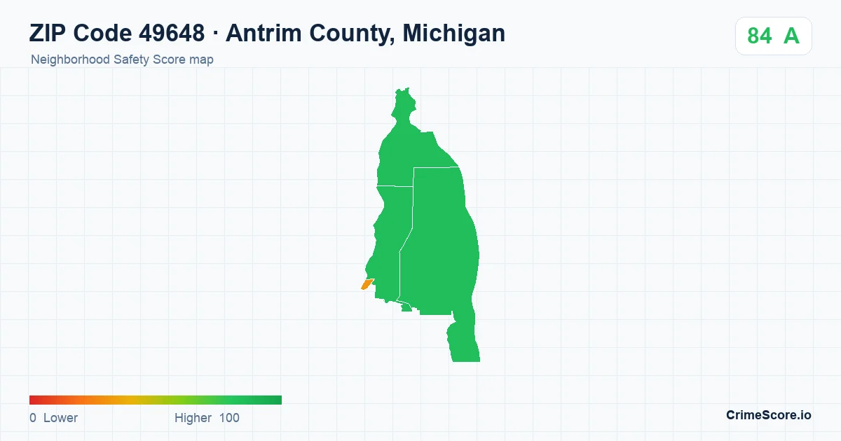 ZIP Code 49648 in Antrim County, Michigan neighborhood Safety Score map
