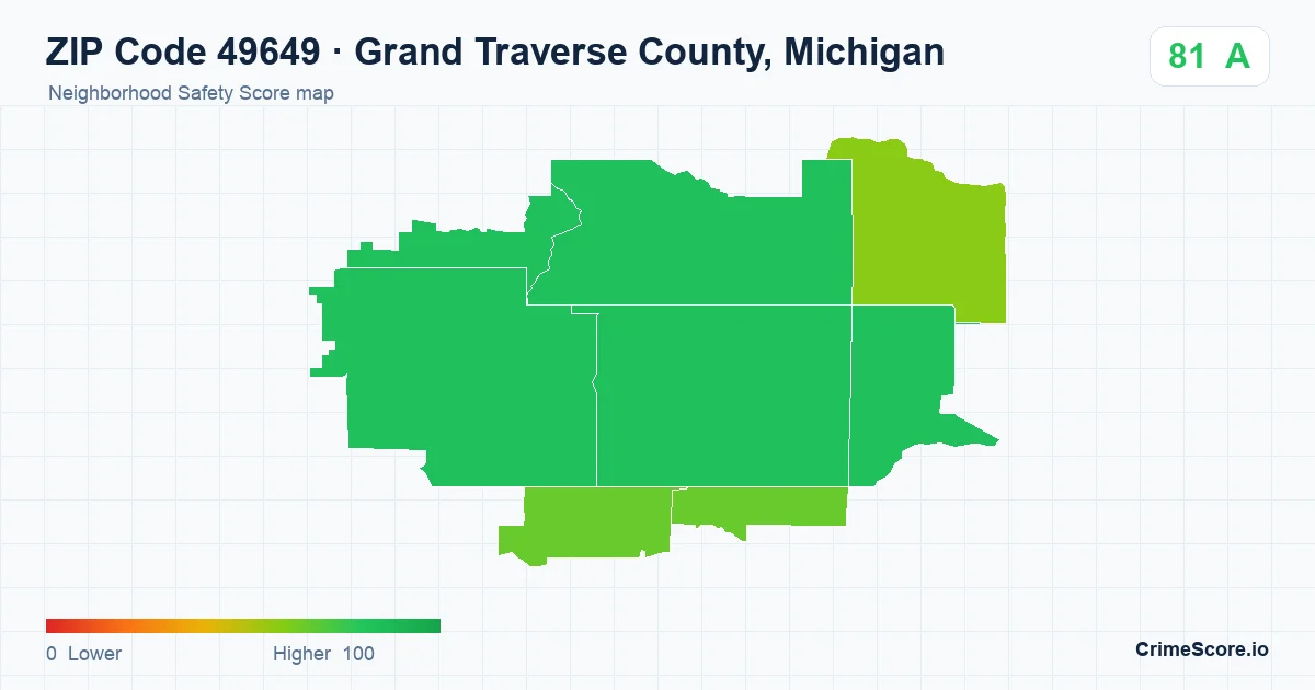 ZIP Code 49649 in Grand Traverse County, Michigan neighborhood Safety Score map