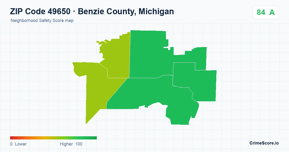 ZIP Code 49650 in Benzie County, Michigan neighborhood Safety Score map