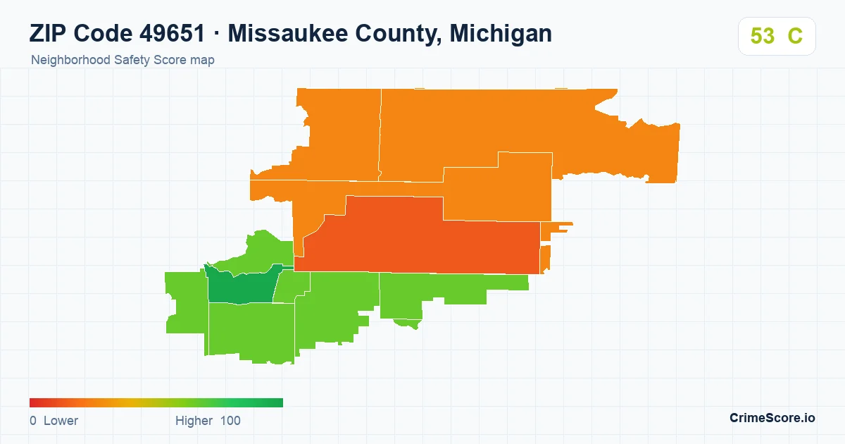 ZIP Code 49651 in Missaukee County, Michigan neighborhood Safety Score map