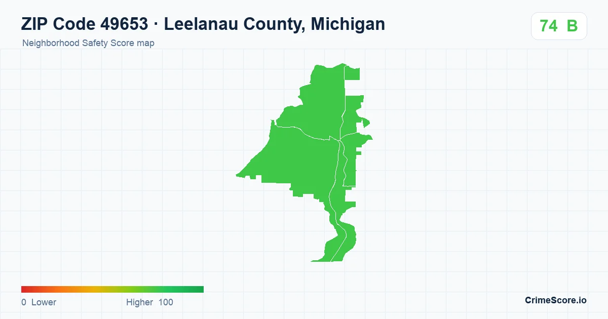 ZIP Code 49653 in Leelanau County, Michigan neighborhood Safety Score map