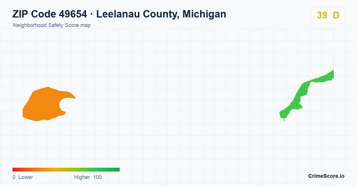 ZIP Code 49654 in Leelanau County, Michigan neighborhood Safety Score map