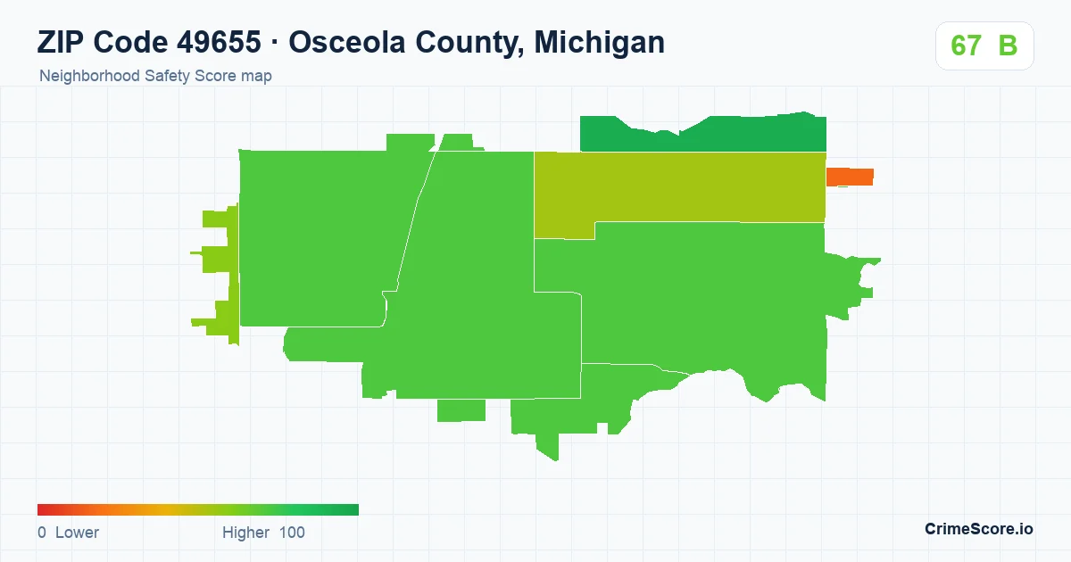 ZIP Code 49655 in Osceola County, Michigan neighborhood Safety Score map
