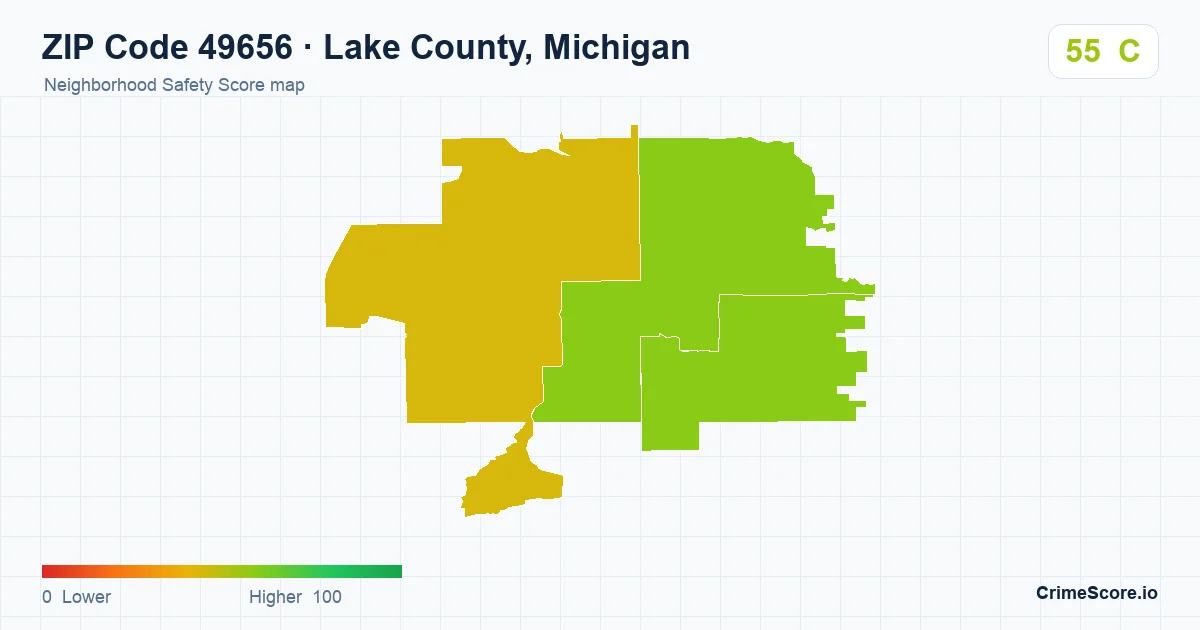ZIP Code 49656 in Lake County, Michigan neighborhood Safety Score map