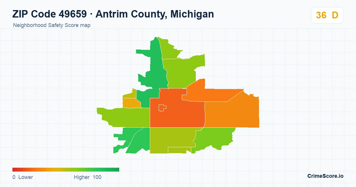 ZIP Code 49659 in Antrim County, Michigan neighborhood Safety Score map