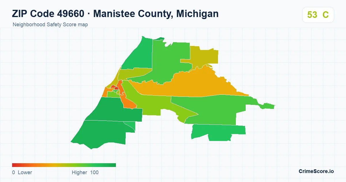 ZIP Code 49660 in Manistee County, Michigan neighborhood Safety Score map